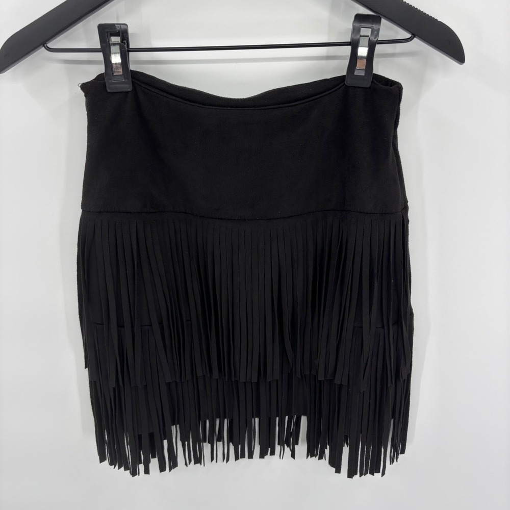 Fringe Faux Suede Mini Skirt Small Black Festival Coachella Western Gasparilla - Picture 6 of 10
